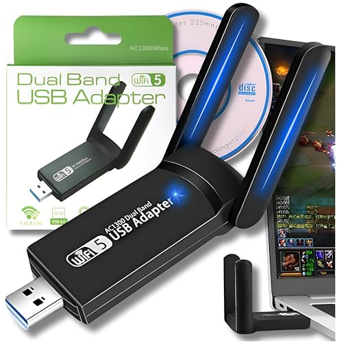 Carte réseau WiFi externe USB 3.0 1300 Mbps | Adaptateur sans fil double bande 5GHz/2.4GHz | Antenne 5dBi | Mode Simulation AP | Plug & Play | Compatible Windows/Mac | Cryptage WPA/WPA2