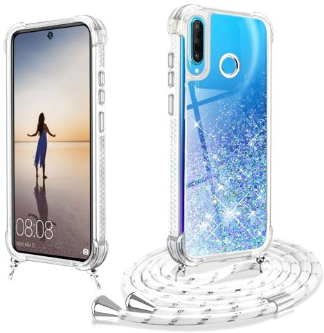 XCYYOO Handykette für Huawei P30 Lite Hülle mit Band,Glitzer Treibsand Silikon Stoßfest Huawei P30 Lite Handyhülle mit Kette Transparent TPU Bumper Schutzhülle Quicksand Schutzhülle mit Kordel