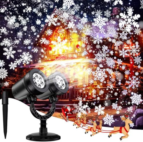 Projektor Weihnachten Aussen, LED Projektor Doppelter Kopf Dynamische Schneeflocken, Weihnachtsdeko Aussen, IP65 Wasserdicht Weihnachtsbeleuchtung, außen für Garten Party