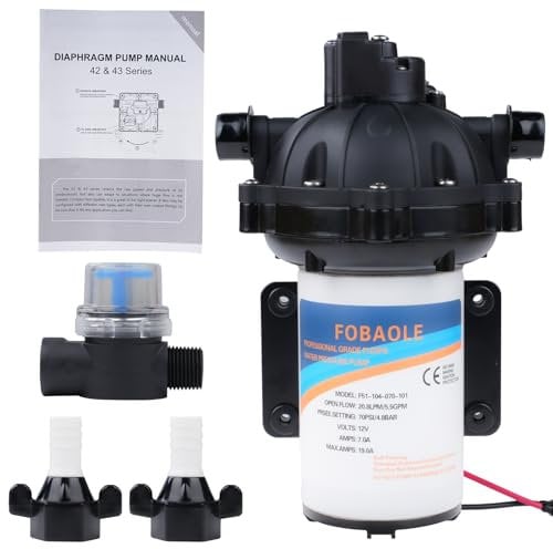 BOROCO Pompa Acqua 12V, DC 20,8 L/min 70 psi/4,8 bar 5,5 GPM 5 Camere Pompa a Pressione Autoadescante per Acqua su Richiesta Pompa a Membrana per Acqua per Camper Yacht Giardino Camper
