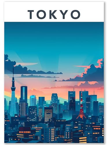 Happymotive Städteposter | Tokyo Retro Poster Vintage | Schlafzimmer Deko Bild im Hochformat | Bilder Wohnzimmer | Kunstdrucke in A2 40x60, A3 30x40, A4 20x30 300g Papier ohne Rahmen