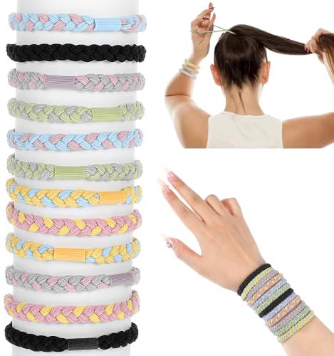 12-Teiliges Set Geflochtene Haargummis, Haargummi Srmband aus Nylon, 6 Farben mit Weichem Zopfdesign & Dehnbarer Armbandfunktion für Pferdeschwanz oder Stylisches Accessoire