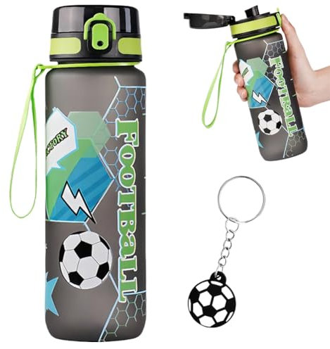 1000ml Football Water Bottle and Keychain Set for Kids Adults Sports Theme Leakproof Drinking Bottle with Straw BPA-Free with Acrylic Pendant for School Sports Travel World Football Celebration Gift