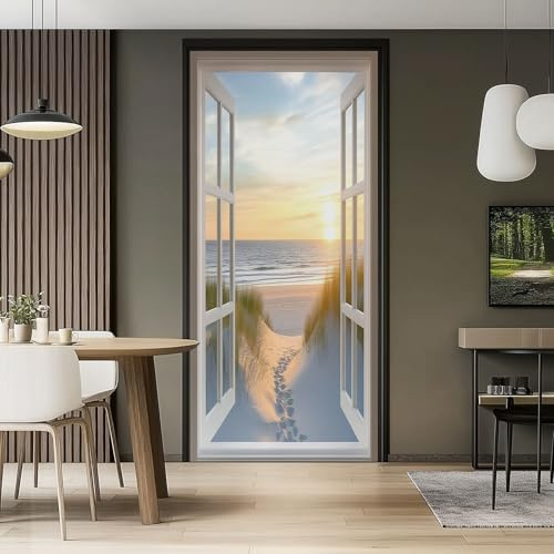 3D Türaufkleber 80 x 210 cm Meerblick Sonnenuntergang Fenster Strand Dünen Türtapete Selbstklebend Wasserdicht Abnehmbar Türfolie TürPoster Fototapete Wohnzimmer Schlafzimmer Bad Deko Blau Creme