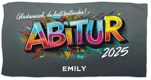 Herz & Heim® Personalisierbares Badetuch zum Abitur – Graffiti-Motiv – Geschenk zur bestandenen Prüfung – Handtuch mit Wunschtext, Jahr & Name – 100 x 180 cm