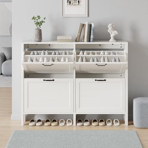 Anunweldo Schuhschrank mit 4 Klappschubladen，120x81x23cm，Schmaler freistehender Schuh-Organizer，für Eingangsbereich, Flur, Schwarz (Weiß)