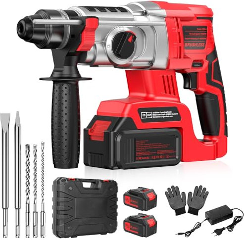 Martello Perforatore a Batteria 2 * 4.0Ah, 21V Martello Demolitore SDS Plus, Martello Tassellatore a Batteria, 3 Trapani, 2 Scalpelli, Adatti per Cemento, Muratura, Pareti, 4 in 1 Funzioni