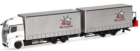 Herpa camion in miniatura Mercedes-Benz Actros autotreno jumbo telonato con carrello elevatore Wilkening, miniatura in scala 1:87, pezzo da collezione, Made in Germany, plastica