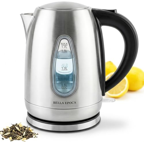 BELLA EPOCA Bollitore Elettrico in Acciaio Inox Spazzolato, 1.7 Litri, 2200W, Bollitore Acqua Rapido e Silenzioso con Doppio Finestrino e Filtro Anticalcare Removibile, Modello Argentum