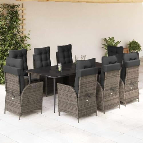 Runheo 9-TLG. Garten-Essgruppe mit Kissen Grau, verstellbare Poly Rattan Relaxsessel, UV-beständig, 200x100cm Tisch für Terrasse, Balkon