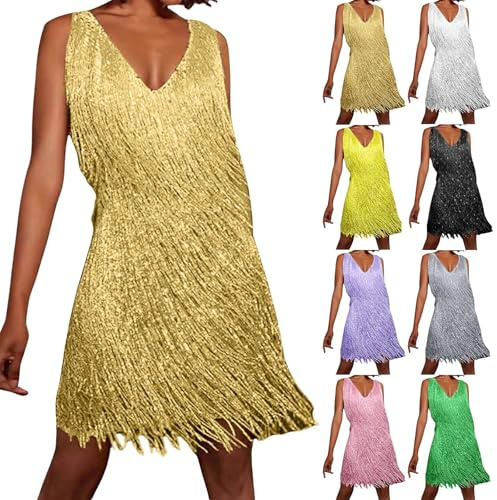 CEWIFO Glitter Dress Women's Tina Turner Fringe Dress Ochre / Gold Disco Outfit 70s Fringe Dress 20s Charleston Mini Dress Sequin Dresses for Women Spaghetti Straps Sexy Short Latin Dance Dress, White