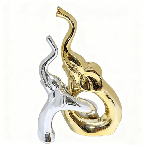 Fakeplant 2er Set Elefanten Deko Gold Silber – Moderne Dekofiguren als abstrakte Skulptur für Wohnzimmer, Büro & Regal, Elegante Elefanten Figuren als Geschenk zur Hochzeit & Jubiläum