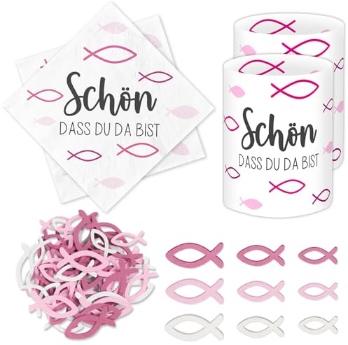 20 Stück Servietten + 12 Windlicht Tischdeko+ 60 Holzfische Streudeko, Kommunion Deko Mädchen, Tischdeko Erstkommunion Taufe Konfirmation Firmung Erstkommunion, Party Geschenke Gastgeschenke