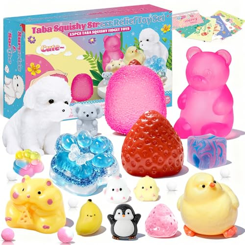 15Pcs Taba Squishies Kit, Squishies Fidget Toys, Including Strawberry, Cat Paw, Hamster Toy, Stress Relief Toys Party Favors for Kids 4-8 8-12, Sensory Toys Birthday Easter Gifts