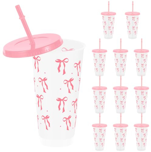 Jokapy Lot de 12 gobelets en plastique réutilisables avec couvercles et paille - 710 ml - Avec nœud mignon - Pour fête, anniversaire, mariage, voyage