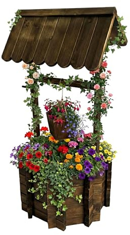 Relaxdays Zierbrunnen, bepflanzbarer Dekobrunnen, Gartendeko, Eimer & Kurbel, HBT 114 x 56 x 56 cm, Holzbrunnen, braun