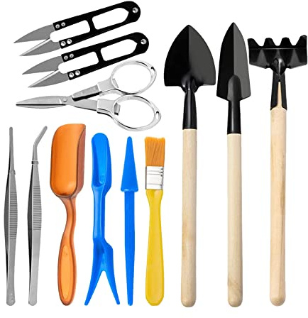 TIKATARER 12-teiliges Garten-Pflanzwerkzeug-Set, Miniatur-Feengarten-Werkzeuge, Sukkulenten-Pflanzen-Werkzeuge mit Pinsel und Pinzette, Ideal für Terrarien, Usambaraveilchen