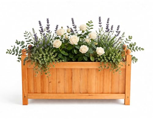GARDEN TIME Large Wooden Rectangular Planter Box – Outdoor Raised Garden Bed Planter Trough with Slatted Cover & Ball Top Finials – Fir Wood Plant Pot for Flowers, Herbs, Vegetables & Patio (1)