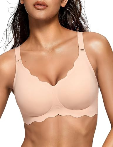 Bresdk Brassière Femme Soutien Gorge sans Armature Push Up Maintien Renforcé Taille Grande Crémeux XL