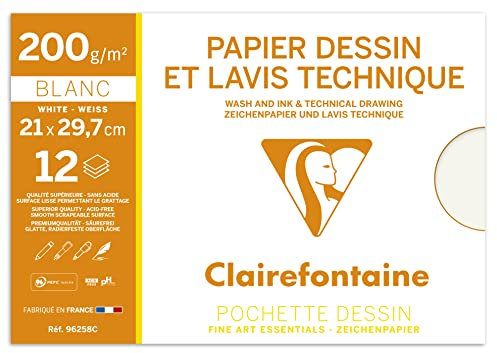Clairefontaine 96258C Mappe Zeichenpapier (ideal für technische Zeichnungen, DIN A4, 21 x 29,7 cm, 12 Bögen, 200 g) weiß