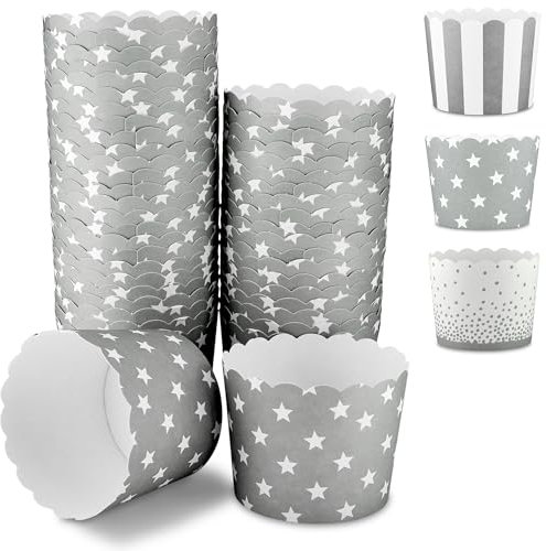 Frau WUNDERVoll® 25 Muffin Backformen grau weiß Sterne, Durchmesser 6,1 cm/Muffins Muffinbackform Muffinform Form Backförmchen Cupcake Formen Förmchen Papier Cupcakeformen