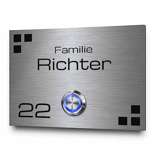 Gravierte Klingelplatte aus rostfreiem Edelstahl - Modell Türklingel Richter ab 9x7 cm | mit Wunsch-Gravur und Motiv - Moderner Led-Klingelknopf und optional mit edler Acrylglasplatte