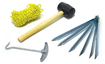 Camping Zelt-Notfall-Set, inklusive Heringe, Abspannleine + Hammer, 9-teiliges Zelt-Abspann-Set