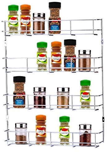 Buckingham 4 Tier Back of Cupboard Door Spice Jar and Packet Rack-Wall Mounted Shelf Organiser, Metal, Chrome, Premium Quality