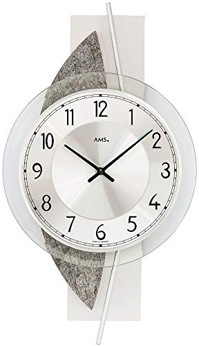 AMS 9552 Wanduhr Quarz silbern modern Naturstein-Optik mit Aluminium und Glas