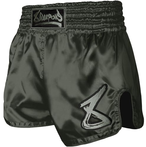 8 WEAPONS Muay Thai Shorts Strike, Olive, Kickboxhose für Training & Wettkampf, Thaibox Shorts Satin, Atmungsaktiv, Langlebig, Kampfsporthose für MMA, K1, Boxen, Thai Boxen