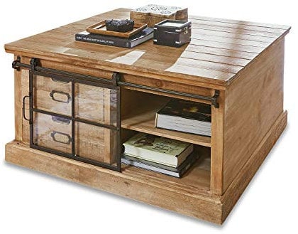 Loberon Couchtisch Finegand, Mix, mit Schiebetür & Vier Schubladen, Industrial-Style, Wohnzimmertisch, Sofatisch, Tannenholz, Eisen, Glas, antikbraun