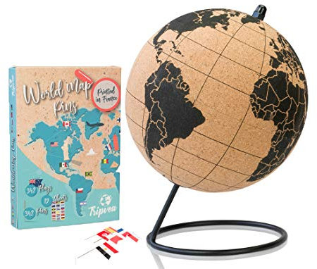 TRIPVEA® Weltkugel aus Kork 20cm + 342 selbstklebende Flaggen zum Einpflanzen - Vintage Globus kork - Dekorative Weltkarte zum Thema Reisen - Ideale Geschenk- und Deko Idee - Höhe = 20 cm