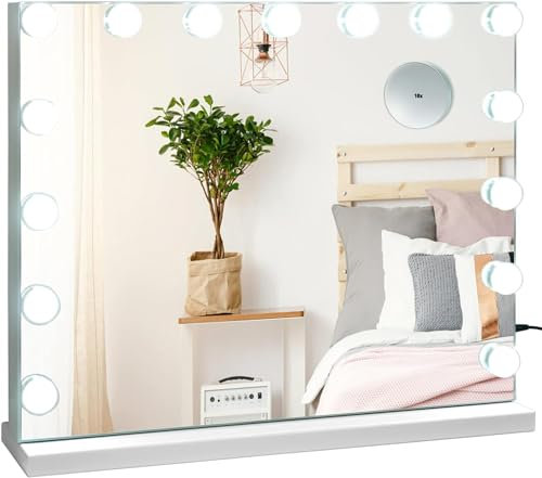 RELAX4LIFE Miroir Maquillage Hollywood avec 15 Ampoules LED & Enceinte Bluetooth, Miroir Coiffeuse Lumineux avec Miroir Grossissant 10x & Interrupteur Tactile (15 Ampoules)