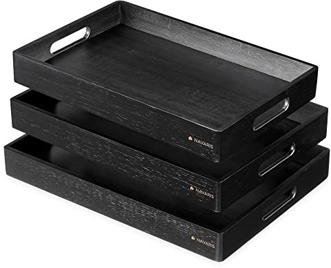 Navaris Bandeja rectangular de bambú - Set 3x bandejas para cocina servir comida desayuno comer en cama - 3x Fuente grande mediana y pequeña - Negro