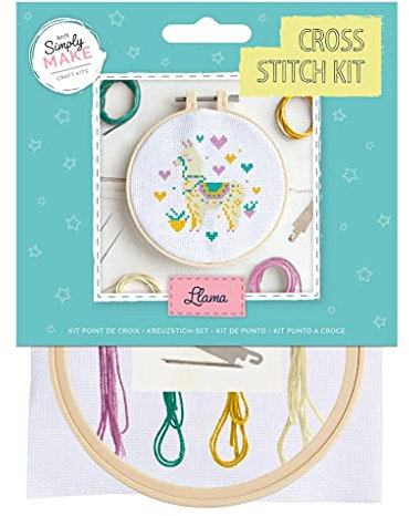 Simply Make Cross Stitch Kit - Llama Design for Kids and Adults, Including Hoop, Embroidery Thread, Fabric and Needle - Perfect for Adult Crafts and Beginners - Starter Cross Stitch Craft Kit