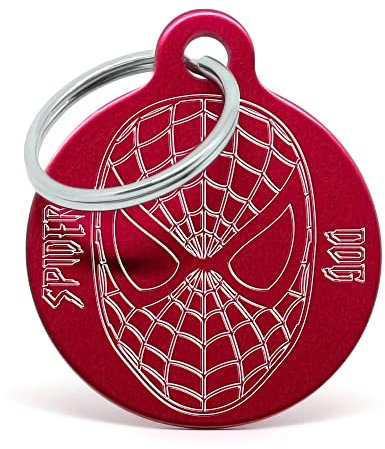 PERDIDUS Placa para perro personalizada SPIDERDOG. Grabado del nombre y teléfonos. (Rojo)