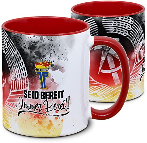 DDR Tasse: mit Pioniergruß: Seid bereit - Immer bereit! - Emblem Jungpioniere - DDR Flagge - Hammer Zirkel Ährenkranz - Ostalgie, Nostalgie, Geschenk, Retro, rot