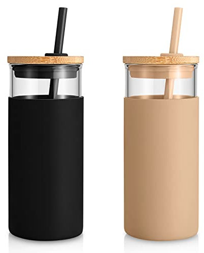 tronco 20oz Glass Tumbler Glass Water Bottle Straw Silicone Protective Sleeve Bamboo Lid - BPA Free(Black Amber)