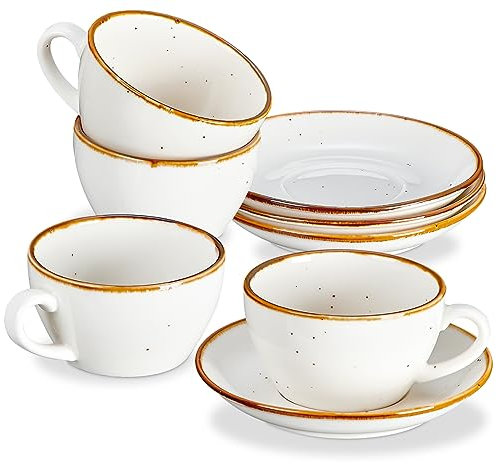 ONEMORE Ceramic Cappuccino Cups Set of 4, 190ml Espresso Cups, Porcelain Cup and Saucer Set for Cappuccino, Espresso, Coffee, Microwave and Dishwasher Safe, Rustic Style, Creamy White