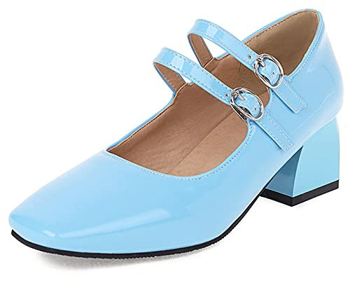 Lizoleor Donna Square Toe Moda con Cinturino alla Caviglia Vernice Mary Jane Scarpe Serata Largo Fit Comodo Bridal Tacco A Blocco Pump Blu Numero 36.5 EU/37Cn