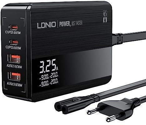 LDNIO Ladegerät, 65W USB Netzteil 4 Port PD Desktop Schnellladegerät mit LED-Anzeige, Kompatibel für USB C Laptops, MacBook Pro/Air, iPad Pro, iPhone, Samsung Galaxy, Xiaomi, Huawei usw