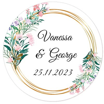 50 PERSONALISIERT Hochzeit Aufkleber mit Namen und Datum, Blumen 40mm Gastgeschenke Aufkleber für Hochzeit, Verlobung,Taufe, Geburtstag, Kommunion, Party, Weihnachten - Rd 034 (001)