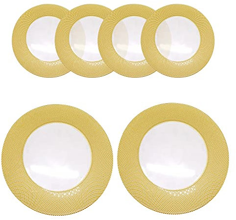 WedDecor 13-Inch Round Glass 6pcs Charger Plates with Gold Checkered Design for Weddings, Banquets, Birthday and Dinner Parties – Elegant Decorative ServeWare
