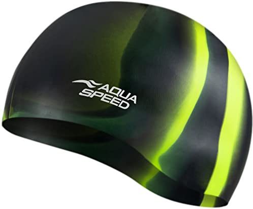 Aqua Speed BUNT Badekappe + Kleines Mikrofaserhandtuch | Damen & Herren | Bademütze Silikon | bunte Badehüte für Kinder Erwachsene | wasserdichte Schwimmhaube | Badehaube, Kappen Designs:67. Bunt / 34