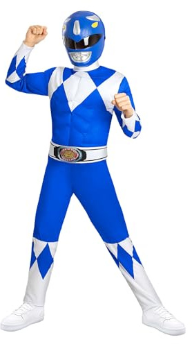 Funidelia Offizielles Blauer Power Ranger Kostüm für Kinder, enthält Overall, Gürtel und Halbmaske, Superhelden - Outfit für Kinder für Partys, Karneval und Halloween