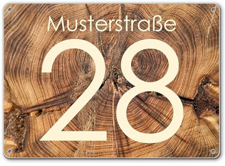 banjado® Hausnummernschild personalisierbar Motiv Jahresringe - Hausschild personalisiert Draußen mit Straßennamen möglich - Hausnummernschild Edelstahl versch. Motive - inkl. Montagematerial