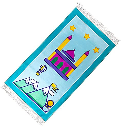 Windplusya Gebetsteppich für Kinder, 19.7x35.4 in Weicher Dicker Cartoon-Quasten Muslimischer Eid-Geschenk für Jungen/Mädchen.(Blue Star)