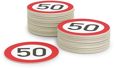 Bierdeckel Pappe zum 50. Geburtstag (50 Stück) Verkehrsschild Gläser Untersetzer (⌀10cm) für Frauen und Männer