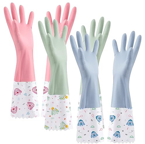 XIACIBDUS Rubber Cleaning Gloves, Washing Up Gloves Kitchen Dishwashing, Latex Free Long Cuff Cotton Lined Household Gloves for Laundry, Gardening(Medium Wide Mouth Gloves)