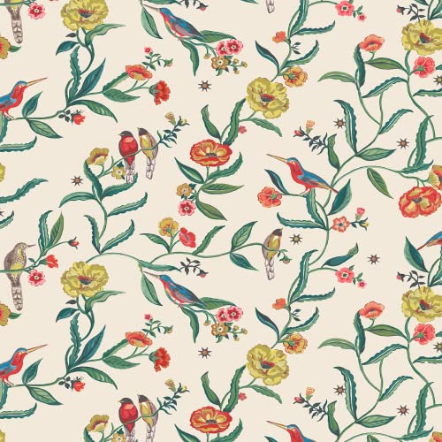 Muriva Cath Kidston Summer Birds Wallpaper - Modern Wallpaper for Living Room, Bedroom, Fireplace - Decorative Luxury Wall Paper with Kingfisher Birds Amongst Trailing Flowers & Leaves (Cream)